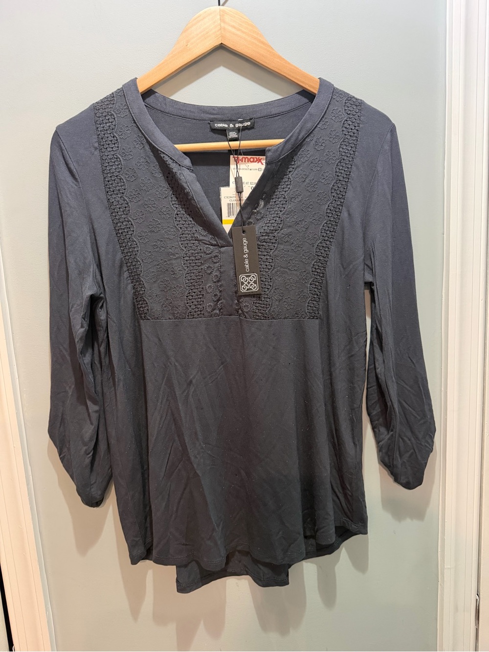 Cable & Gauge Navy Lace-Panel Long Sleeve Top